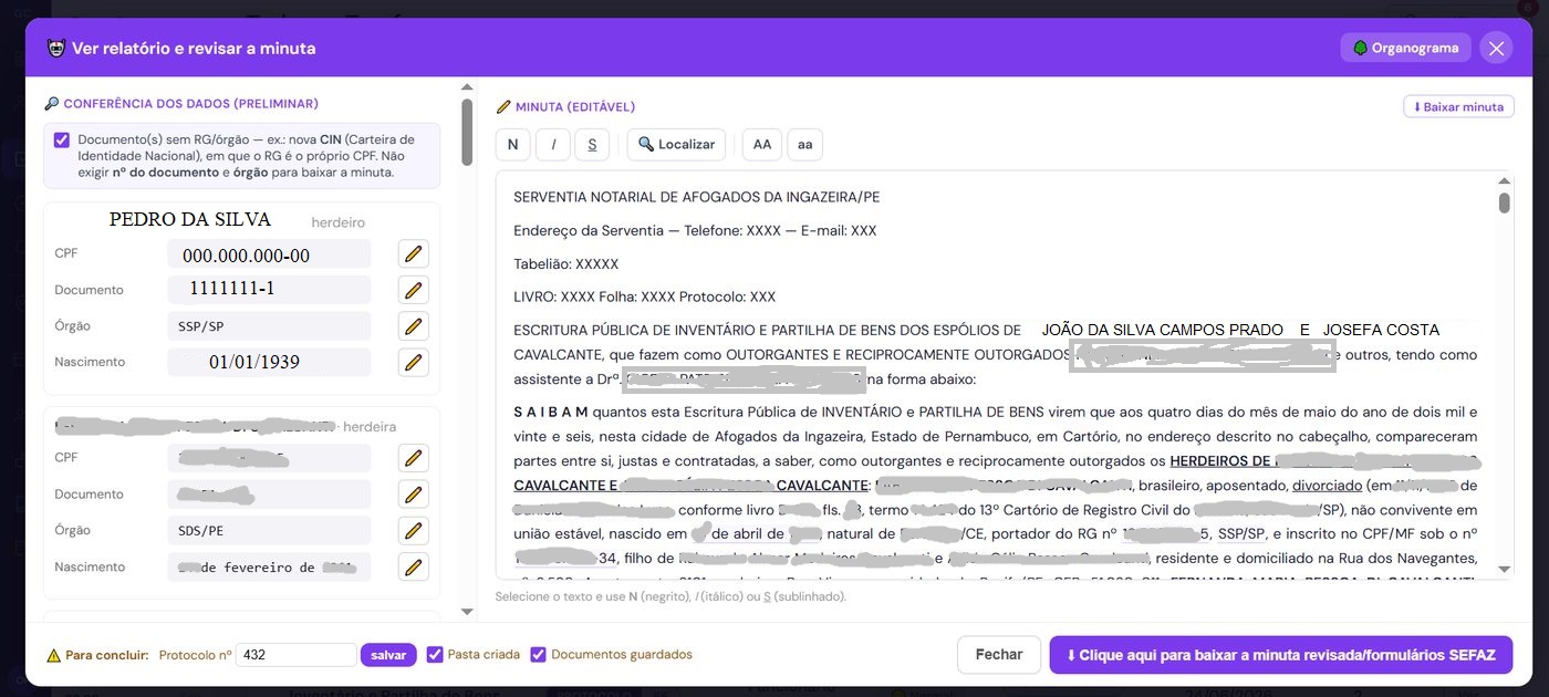 Conferência dos dados e minuta editável
