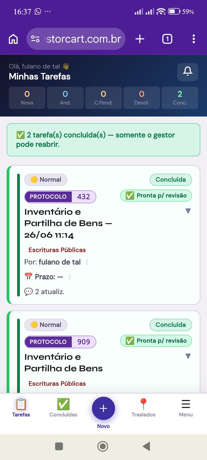 Minhas tarefas no app